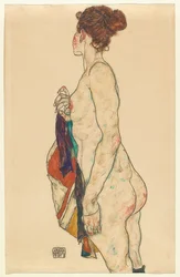 Stående naken med mønstret kappe. 1917