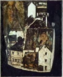 Tote Stadt III (Stadt am blauen Fluss III) [Død by III (By ved den blå elv III)], … (olje og gouache på tre)