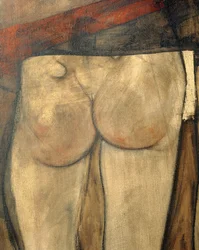 Kvinnelig nakenbilde sett bakfra med sjal, fragment ... (olje på lerret)
