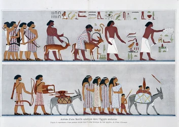 Ankomst av en asiatisk familie i det gamle Egypt: Fra gjengivelsen av et veggmaleri i "Historical Atlas of Egyptian Art" av Prisse d