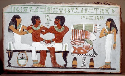 Egyptisk oldtid: malt gravstele av kalkstein som viser familien til Amenemhet (Amenemhat)