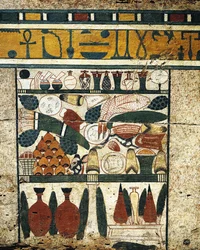 Pusset, malt trepaneldetalj med haug med begravelsesoffer, fra Sarcophagus of Ibi