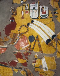 Amenhotep III med flabellum, septer og slag, maleri fra Amenhotep IIIs grav i Theben, egyptisk sivilisasjon, Det nye riket, XVIII. dynasti