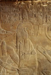 Anubis holder mumien, relieff fra graven til Maia, Tutankhamons amme, Saqqara, Egypt, egyptisk sivilisasjon, Det nye kongeriket, 18. dynasti, detalj