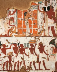 Egypt, Theben, El-Khokha Necropolis Valley of the Nobles, Tomb of Nebamon og Ipouky, Detalj av fresker som viser begravelseskortesje og enke etter katafalk av avdøde