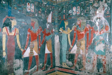 Egypt, Theben, Luxor, Kongenes dal, Horemhebs grav, veggmaleri som viser Horemheb mellom gudinnen Isis og guden Horus, Det nye riket, XVIII. dynasti