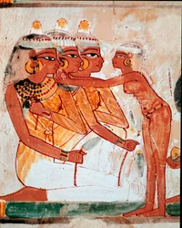 Egyptisk kunst: Nakhts grav. Toalett: hushjelp hjelper tre kvinner som holder lotusblomster med å sette på smykker før begravelsesbanketten. Fresco of Luxor (Tebens sted, Necropolis of Sheikh Abd al-Gournah (Gournah), venstre bredd av Nilen, Egypt.