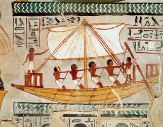 Egyptisk antikvitet: "" en båt på elven som returnerer fra pilegrimsreise til graven til Osiris, Abydos"" 18. dynasti. Freske fra graven til Sennefer (TT 96) fra gravområdet til adelen i Gournah. Sheikh Abd el-Gournah (el Gournah), Luxor Egypt - Ancie