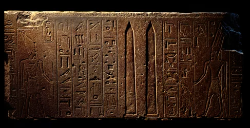 Egyptisk antikvitet: detalj av en gravert freskomaleri som viser dronning Hatshepsut (til venstre) og to obelisker ved tempelet til Amon - år 15 av hennes regjeringstid (1475-1468 f.Kr.) 18. dynasti - Luxor, egyptisk kunstmuseum
