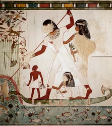 Egyptisk oldtid: «Fiskescene». Adelsmannen Menna er avbildet i en båt med sin kone mens han harpunerer en fisk. Freske fra Mennas grav (TT69) i de fornemmes gravområde i Gournah. Sheikh Abd al-Gournah (el Gournah), Luxor, Egypt