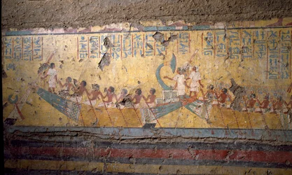 Egyptisk antikvitet: freskomaleri av graven til maleren Maia, pilegrimsreise med båt i Abydos, sitering av Osiris. 18. dynasti. Fra kapellet i Maia, Deir el-Medineh (el Medineh), New Empire Dim. 67 cm Torino, egyptisk museum