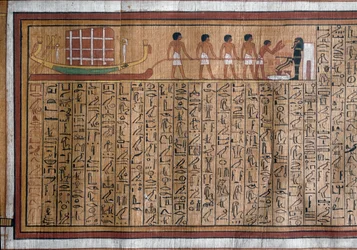 Egyptisk antikvitet: transporten av katafalken til graven. Papyrus. Book of the Dead of Kha. 18. dynasti