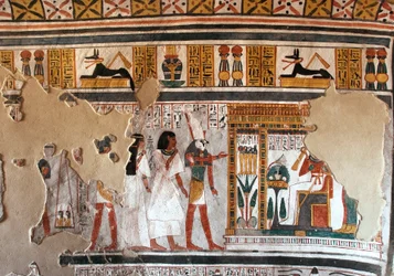 Egyptisk antikvitet: Horus guider Roy og kona til Osiris. Fragmenter av freskomaleri fra graven til Roy (TT255). 18. dynasti. Fra Vestbredden av Luxor, Egypt
