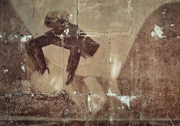 Utveksling av mat, detalj av en scene som viser en ekspedisjon til Punt-landet, malt relieff, Punt-kolonnaden, Hatshepsuts likhustempel, Deir el-Bahari, Thebansk nekropolis, Egyptisk sivilisasjon, Det nye riket, XVIII. dynasti