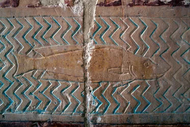 Fisk, scener fra Punt-riket, sørveggen av den sentrale kolonnaden, Hatshepsuts likhustempel, Deir el-Bahari, Thebansk nekropolis (UNESCOs verdensarvliste)