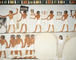 Begravelsesprosesjon, detalj fra fresker i kapellet til Mennas grav, Sheikh Abd el Qurnah Necropolis, Luxor, Theben (Unescos verdensarvliste