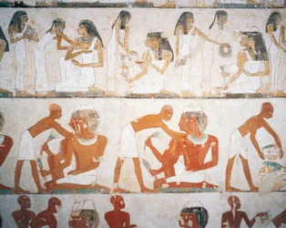 Begravelsesfest, menn og kvinner som tar på seg smykker, freske, Rekhmires grav (TT100), Sheikh Abd el-Qurna, Theben (Unescos verdensarvliste)