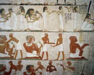 Begravelsesfest med kvinnelige musikere, damer som smykker seg med smykker, menn og musikere, Tomb of Rekhmire, Sheikh Abd el Qurnah Necropolis, Luxor, Theben (Unescos verdensarvliste