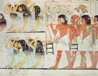 Gruppe sørgende i begravelsesprosesjonen til Ramose, fra Tomb Chapel of Ramose, New Kingdom, ca. 1360 f.Kr. (veggmaleri)