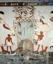 Menna og hans familie fisker og fugler i Nilens myrer, detaljer fra fresker i kapellet til Mennas grav, Sheikh Abd el Qurnah Necropolis, Luxor, Theben (Unescos verdensarvliste