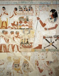 Menna fører tilsyn med arbeiderne sine i felt, detaljer fra fresker i vestibylen til Mennas grav, Sheikh Abd el Qurnah Necropolis, Luxor, Theben (Unescos verdensarvliste