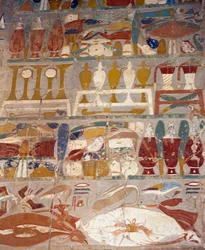 Tilbud og parfymekrukker mellom Anubis og Hatshepsut, veggmaleri, Anubis kapell, Hatshepsuts liktempel, Deir el-Bahari, Theban Necropolis (Unescos verdensarvliste).