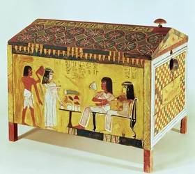 Malt kiste med en bankettscene fra graven til Kha (d.c.1390-52 f.Kr.) funnet i Deir el-Medina, New Kingdom (tre)