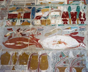 Proviant og keramikk ofret til gudene av dronning Hatshepsut, malt relieff, Anubis kapell, Dronning Hatshepsuts likhustempel, også kjent som Djeser-Djeseru, Deir el-Bahri, Theben. Egyptisk sivilisasjon, Det nye riket, XVIII. dynasti