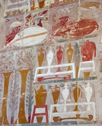 Proviant og keramikk ofret til gudene av dronning Hatshepsut, malt relieff, Anubis kapell, Dronning Hatshepsuts likhustempel, også kjent som Djeser-Djeseru, Deir el-Bahri, Theben. Egyptisk sivilisasjon, Det nye riket, XVIII. dynasti