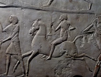 Stafettløp på hesteryggen, detalj av veggrelieff som viser en militærleir med soldater, kalkstein, fra den memfitiske graven til Horemheb i Saqqara, egyptisk sivilisasjon, Det nye riket, XVIII. dynasti