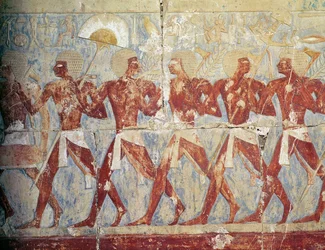 Relieff som viser en parade til ære for gudinnen Hathor, fra liktempelet i Hatshepsut (ca. 1503-1482 f.Kr.) New Kingdom (malt kalkstein) (se også 382845)