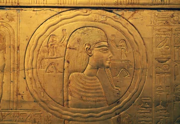 Relieff på venstre ytre panel av andre begravelseskapell, Tutankhamons skattkammer, Egypt, egyptisk sivilisasjon, Det nye riket, 18. dynasti