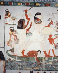 Scene for jakt og fiske i myrene, freskomaleri, nordvegg, langsgående kammer, Theban Tomb TT69, Sheikh Abd el-Qurna, Theben (Unescos verdensarvliste
