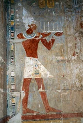 Scene med dronning som ofrer, sørøstrommet, østveggen, øvre gårdsplass, Hatshepsuts likhustempel, Deir el-Bahari, Thebansk nekropolis (UNESCOs verdensarvliste)