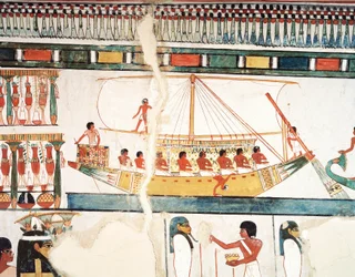 Solskipet, detalj av pilegrimsreisen til Abydos, freskomaleri, nordvegg, lang spisesal, Theban Tomb TT69, Sheikh Abd el-Qurna, Theben (Unescos verdensarvliste