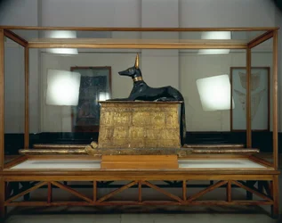 Tutankhamens skatt, trestatue av sjakalguden Anubis på en forgylt kiste fra Det nye riket