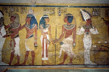 Tutankhamon foran Osiris, farao foran gudinnen Nut og Ay utfører en åpningsseremoni for munnen, freske, veggen i gravkammeret, Tutankhamons grav, Kongenes dal, Theben, Egypt. Egyptisk sivilisasjon, Det nye riket, 18. dynasti