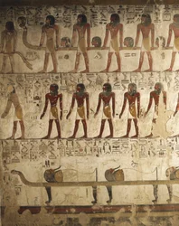 Egypt, Luxor, Kongenes dal, Seti I#39;s grav, relieff av malte scener fra Portenes bok