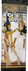 Egypt, Theben, Luxor, Queens Valley, Nefertaris grav, veggmaleri av Isis og dronning på søyle i gravkammer fra 19. dynasti