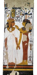 Egypt, Theben, Luxor, Valley of the Queens, Tomb of Nefertari, veggmaleri av gudinnen Isis og dronning på søyle i gravkammer fra 19. dynasti