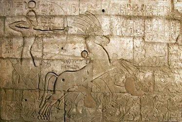 Egyptisk oldtid: syn av relieffene som feirer Ramses IIs bedrifter under slaget ved Qadesh i 1274 f.Kr. Faraoen er fremstilt på sin stridsvogn, gravtempelet viet til farao Ramses II (1279-1213 f.Kr.), Ramasseum-stedet (Ramesseum) i L
