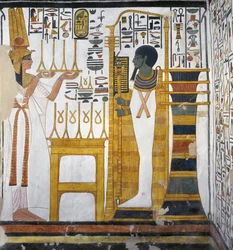 Nefertari gir et tilbud av lin til Ptah, detalj fra vestveggen til det østlige annekset til graven til Nefertari (veggmaleri)