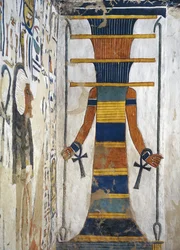 Osiris som en djed-søyle, med et was-septer i hver hånd og en ankh på hvert håndledd, detalj fra det første vestlige annekset til Nefertaris grav, Egypt, Teben, Luxor, Dronningenes dal, Nefertaris grav, anneks til gravkammeret
