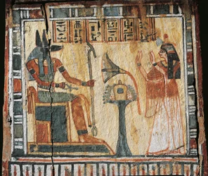 Malt treboks som viser avdøde og guden Anubi, for shabtis av Tamutnofret