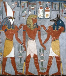 Ramses I mellom Horus og Anubis, freske, gravkammer, graven til Ramses I (KV16), Kongenes dal, Theben (UNESCOs verdensarvliste)