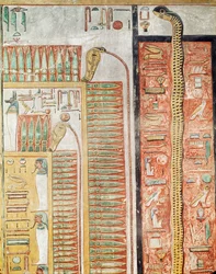 Relieff som viser stien som de døde må krysse til livet etter døden, fra graven til Seti I (ca. 1294-1279 f.Kr.) New Kingdom (malt kalkstein)