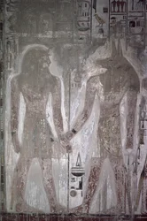 Seti I (1303-1290 f.Kr.) og Anubis i graven til Seti, New Kingdom (veggmaleri)