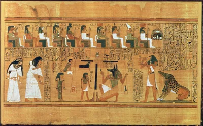 The Weighing of the Heart against the Feather of Truth, fra Book of the Dead of the Scribe Any, ca. 1250 f.Kr. (malt papyrus)