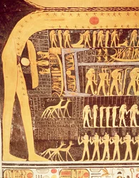 Detalj fra Dagens bok fra taket i gravkammeret til graven til Ramesses VI (r.1143-1136 f.Kr.) New Kingdom (veggmaleri)