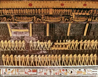 Detalj fra Dagens bok fra taket i gravkammeret til graven til Ramesses VI (r.1143-1136 f.Kr.) New Kingdom (veggmaleri)